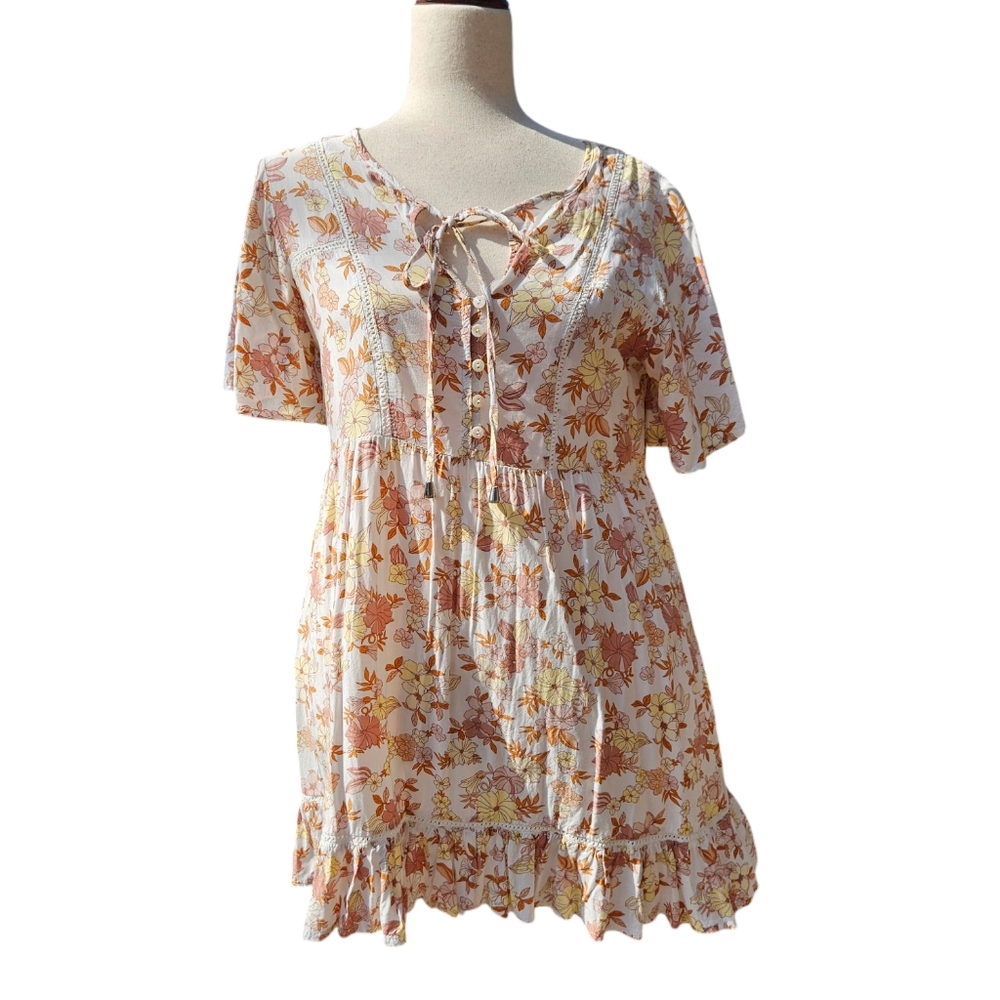 100% Rayon Boho Floral Mini Dress - Size M